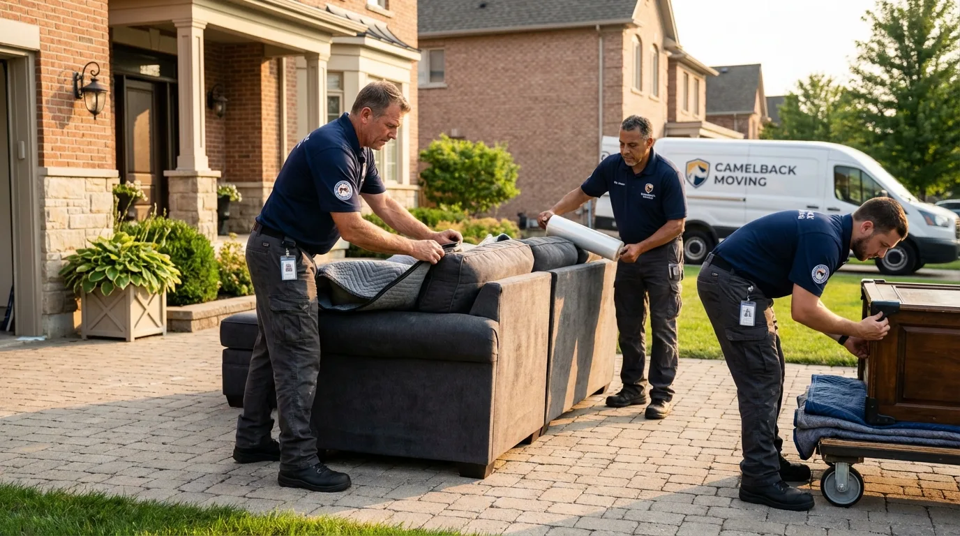 Large estate moving crew wrapping furniture in Bergen, NY