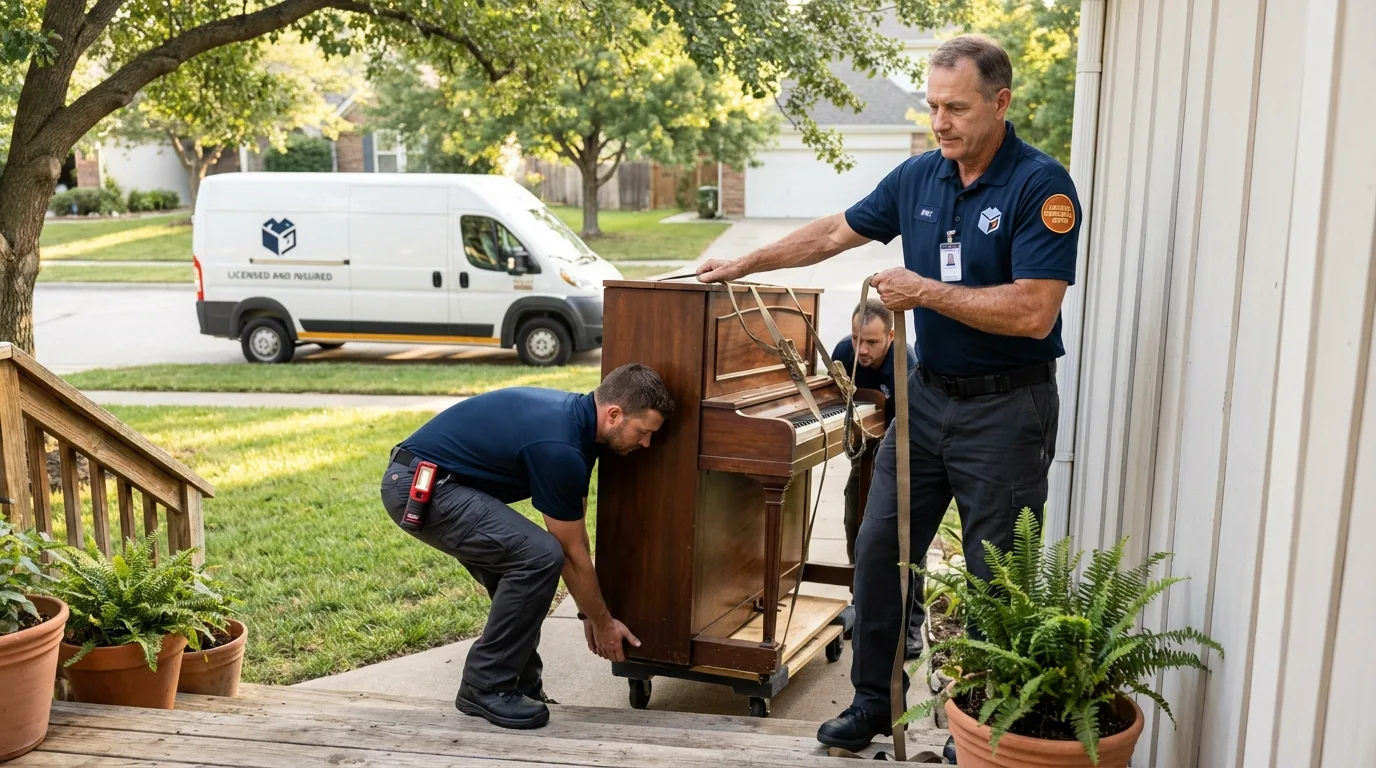 Licensed piano movers securing grand piano in Bergen, NY
