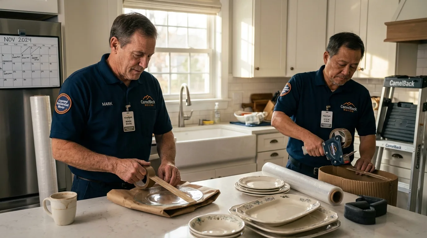 Professional crew packing kitchen dishware in Bergen, NY